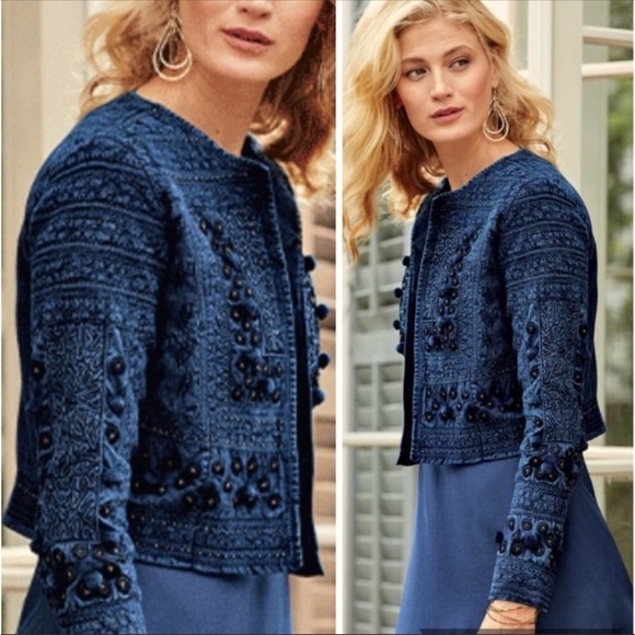 Soft Surroundings Jackets & Blazers - Soft Surroundings Theodora Indigo Blue Bolero Jacket Embroidered Pom Poms Large